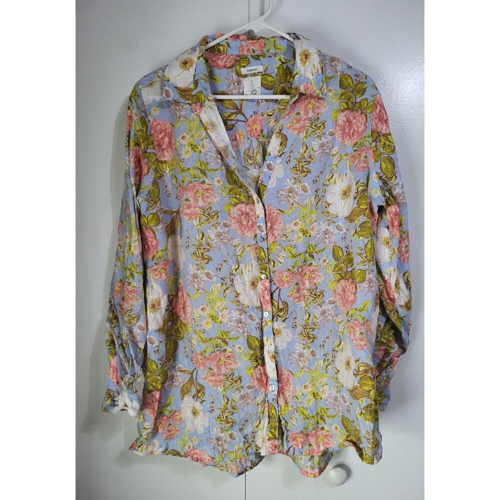 JOIE Women's SZ XL Linen Floral Roll Tab Sleeve Blouse Top Bloomcore Feminine